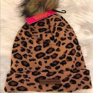 Leopard Winter Beanie with Fuax Fur Pom Pom